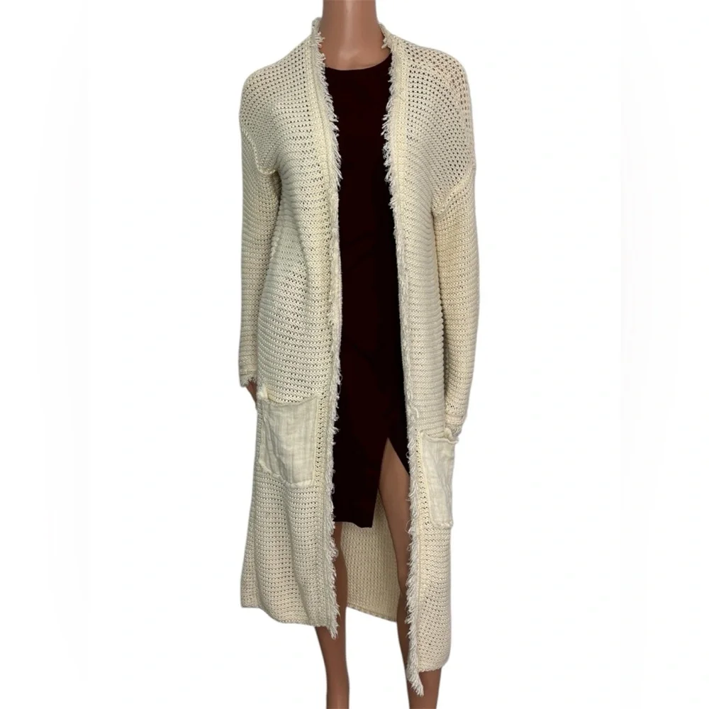 FREE PEOPLE Ivory Maxi Open-Knit Fringe Cardigan Sweater Size Small